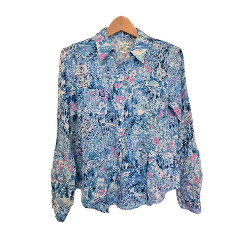 Lilly Pulitzer Seacoast Linen Button Down Shirt Size Small North‎ Carolina Print